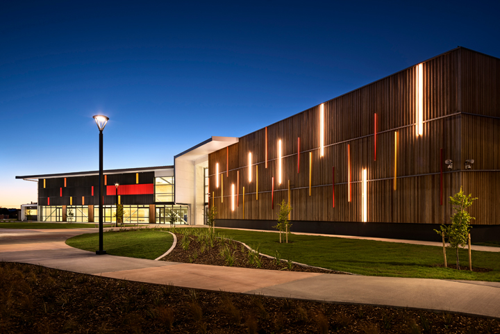 Haeata Community Campus exterior at evening